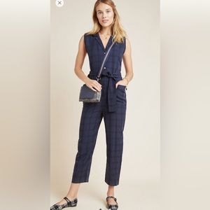 NWT Anthropologie Brielle Blue Slate Check Jumpsuit Size Small *Missing belt